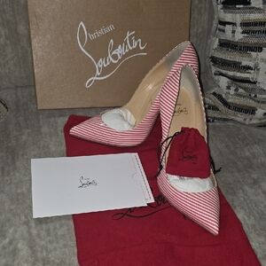 Christian Louboutin Pink and White Striped Heels